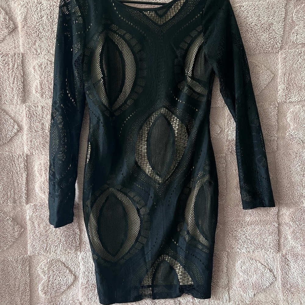 Black Sheer Lace Bodycon Mini Dress | Size Large |
